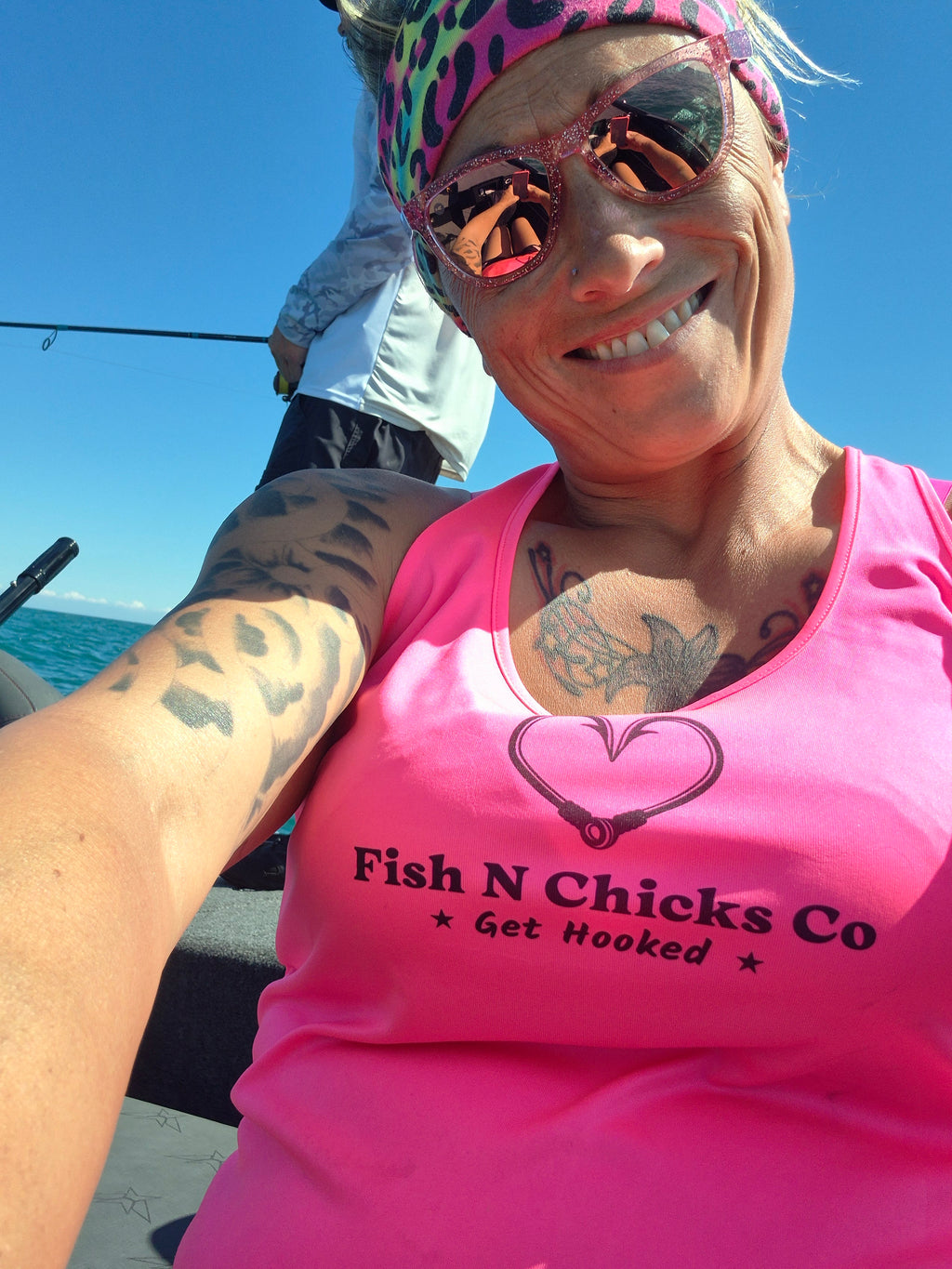 Fish N Chicks racerback tank top front chest logo
